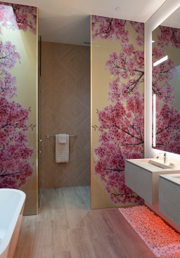 Serenity Indian Wells luxury modern home guest bathroom floral wall art detail