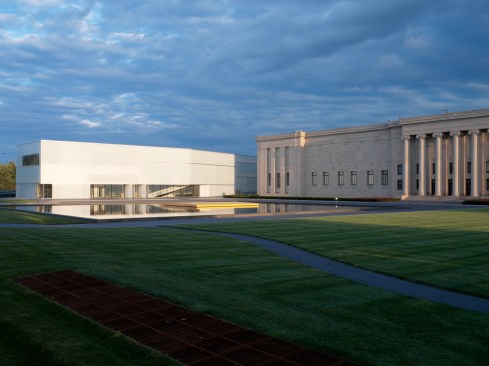 A reflecting pool in front of the museums.