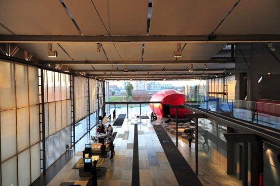 Double height space showing thematic exhibits