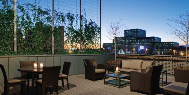 The outdoor space, with a full view of the Javits Center and the Hudson River beyond, is large enough to host Affirmation Arts events.