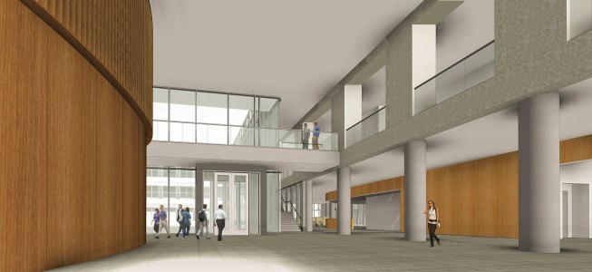 A rendering of the lobby for the University of Kentucky's Research Building Two.