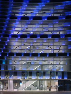 Detail view of the vivid blue integrated fa??ade lighting. 