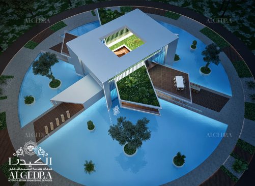 Water villa aerial night view