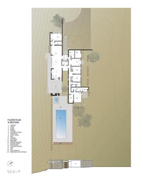 A floor plan and section of the project, which is divided into a public wing and a private wing.