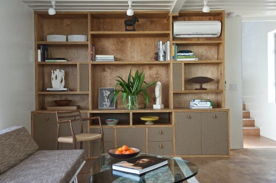 Built-ins offer a place for storage in the living room.