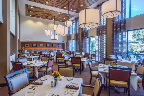 The main dining room designed by studioSIX5 at Wind Crest Continuing Care Retirement Community in Highlands Ranch, Colorado.