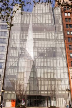 The building's folded glass façade as viewed from Michigan Avenue.