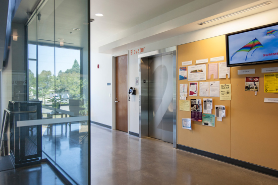Stainless Steel Elevator Doors in Satin finish with custom Eco-Etch pattern at Clackamas Community College - Harmony Campus, Milwaukie, Oregon