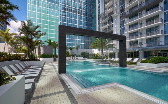 Pool deck on the eight floor with  resort style pool, cabanas, outdoor lounge furniture and wet bar.
