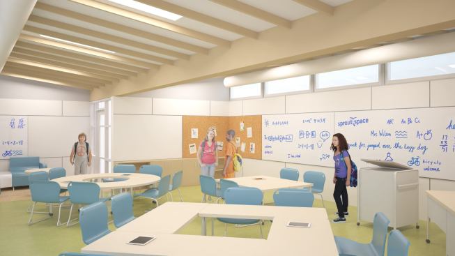 Classrooms feature low-maintenance LED lightiing to complement daylighting from clerestory windows.