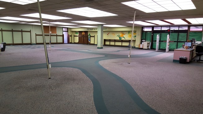 The Euclid branch during renovation, before the luminous ceilings were replaced.  The aged lenses on the ceiling lightboxes had caused illumination to fall below appropriate levels for a library.