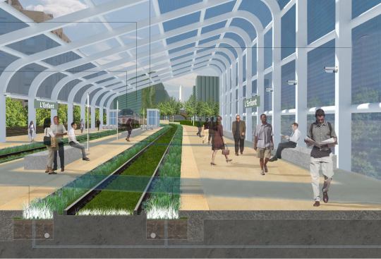 Regional commuters will experience an expanded L’Enfant Station intermodal center that utilizes green infrastructure strategies.