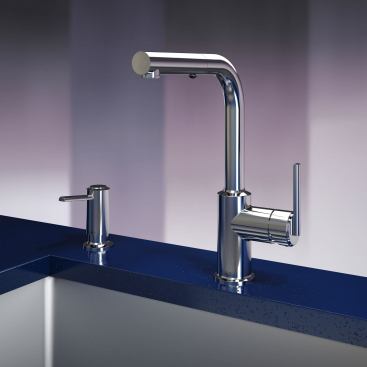 The Cité faucet from Kalia comes in pull-out and pull-down spray models, as well as two smaller models designed for secondary food prep sinks. The solid brass faucet features a multi-functional, extensible/retractable hand-held spray with a silent nylon hose and an ergonomic handle. Kalia, www.kaliastyle.com; 418.386.1646.