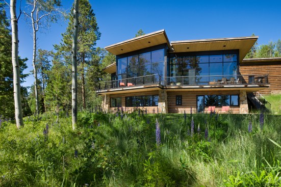 Exterior, horizontal, east 3/4 view, Rosenthal residence, Wilson, Wyoming; Ward + Blake Architects
