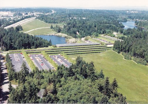Water features and intensive landscaping were incorporated into the designs of suburban office parks to give them a sustainable feel—long before sustainability was a running concern.