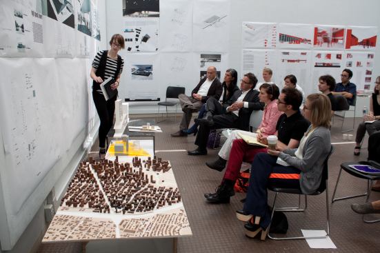 Graduate Core review for student Renee Reder. Jury, L-R: Doug Oliver, Galia Solomonoff, Rafi Segal, Dawn Finley, Reto Geiser (instructor), Andrea Manning