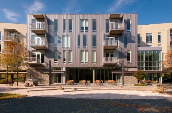 The use of materials is especially effective throughout this project, both on the exterior and the interior, in public spaces as well as individual units. What could have been a very institutional building that interrupts the landscape, instead feels like a hub of activity that complements it surroundings.