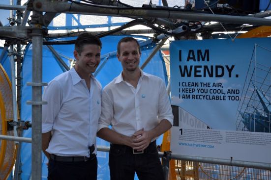 HWKN principals Marc Kushner, AIA, and Matthias Hollwich stand next to the project description at Thursday's press preview.