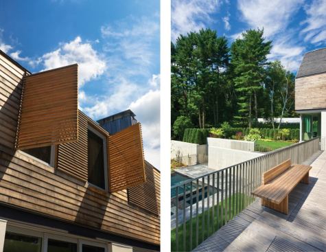 A terrace overlooks the swimming pool, which occupies a lower level of the steeply sloped site.