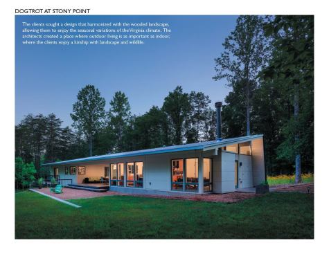 This home was most successful in creating a sense of connectivity to nature with use of the battered wood wall that opens into usable outdoor space, very livable. This is a project that will take on a different character in different seasons, and I think will only get even better with age.