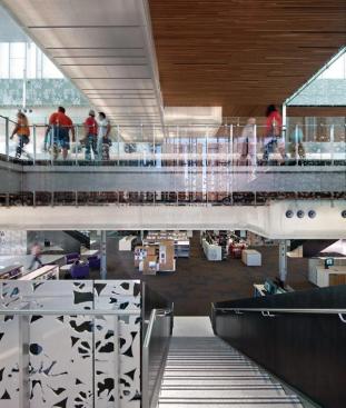 View from staircase landing of first- and second-floor reading rooms.