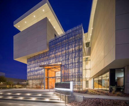 The exterior exudes a sense of permanence, individuality and presence with the use of stone, steel and glass on a campus of eclectic styles.