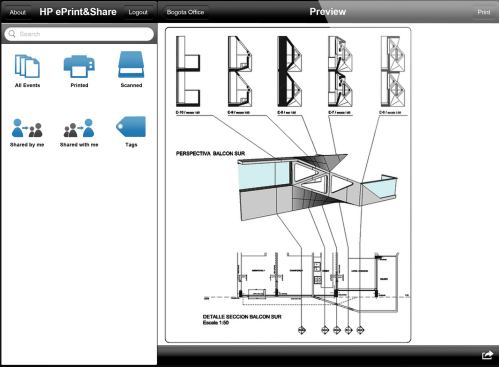 HP ePrint & Share allows designers to send drawings to a web-connected HP printer through mobile devices.