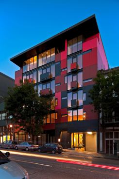 Seattle’s lively Pine/Pike corridor used to be known as that town’s “Auto Row,” so for a condo project located there, the architects took color cues from classic cars of the 1950s. 
Project: 1111 East Pike, Seattle; 
Architect: Olson Kundig Architects, Seattle; 
Builder: Charter Construction, Seattle