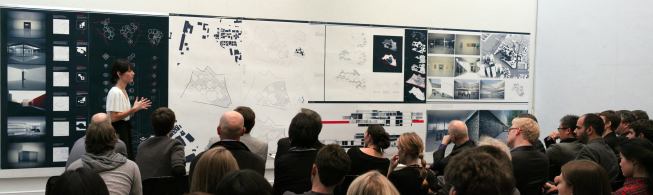 Thesis review for student Sue Biolsi. Jury: Mark Robbins, Lola Sheppard, Mark Lee, Catherine Seavitt, Bill Price and faculty (faculty advisor: Christopher Hight)