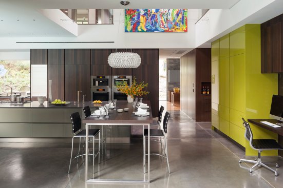 Modern open volume kitchen design at Beverly Hills home. 