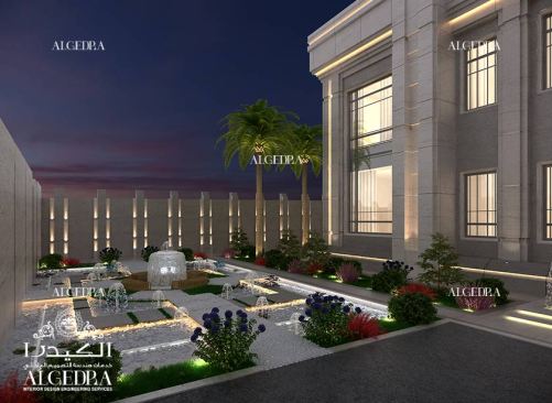 Front yard landscape  with water fountains 