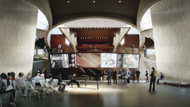A rendering shows a view of the ground-floor lobby.
