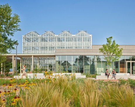 The exterior of the Jack C. Taylor Visitor Center connects with the main garden axis.