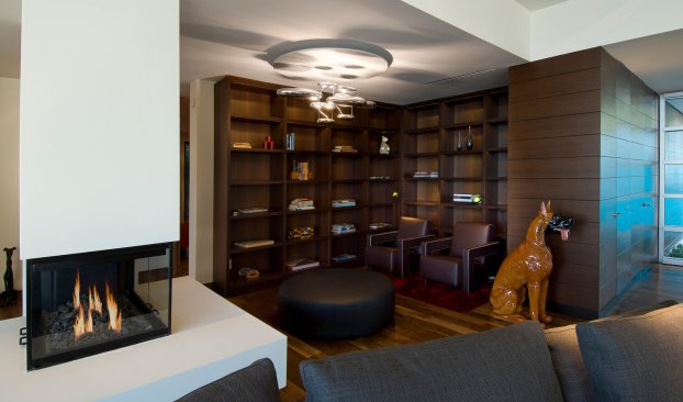Hopen Place Hollywood Hills modern home library with fireplace