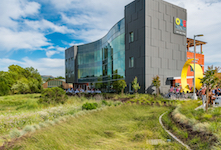 Linetec finished 5,500 square feet of Dri-Design's painted aluminum panels. These were installed by Rua & Son Mechanical in a randomized, stepped, vertical pattern to create a visually textured facade.
