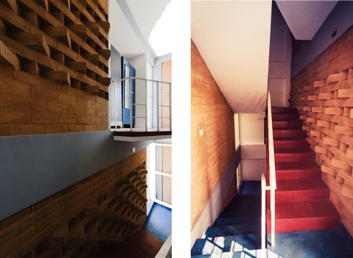 The dogleg stair gets a twist every flight with changing oxide colour and brick course pattern