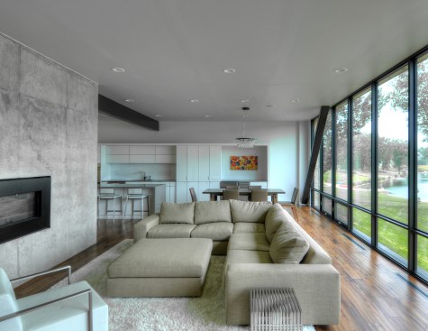 Interior view looking across the living room to the kitchen