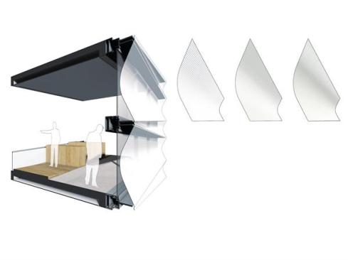 Flat vision glass on the interior-facing side of the fa?ade is paired with an exterior layer of concave glass. In addition to lending aesthetic interest to the front of the building, this material changes the focus and refraction of the light, controlling the intensity of natural light as it enters the building.