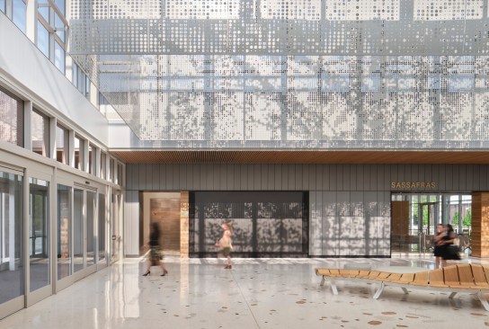 Dappled sunlight shines through the lantern scrim at the Jack C. Taylor Visitor Center