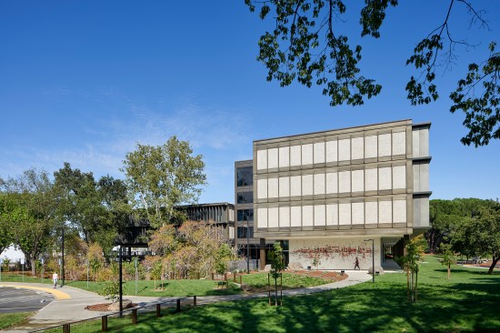 Structure on left is parking with two floors of offices above; central element is circulation and mechanical and at right are additional office floors. At ground level is artist Wayne Thiebaud’s “Water City,” his only tile mural, and largest work to date. The entire complex is on the National Register of Historic Places. 
