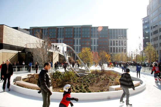 Ice skating rink, with the cafe pavilion beyond.