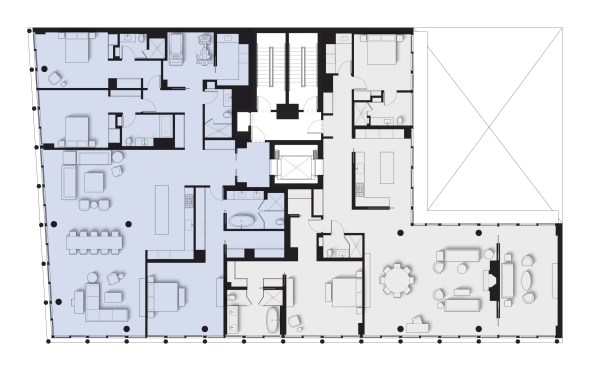 Typical floor plan with a one-bedroom unit and a two-bedroom unit.