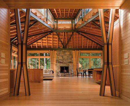 The great room's trapezoidal plan subtly emphasizes the room's generous size.