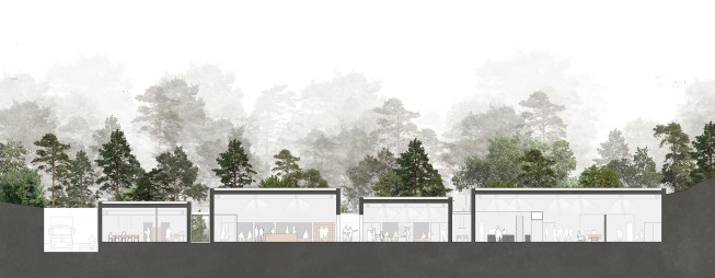 Under the uniform exterior, each box conceals its 
own function. From left: administration, café, exhibition and 
learning centre.