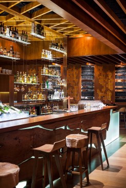 Custom hanging illuminated, structural bar shelving, Tim Barry Design, Touchstone Building