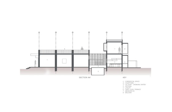 Section through the depth of the plot, cutting through commercial space, court and bedrooms.