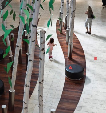 A?Kelly ottoman Bright Chair Co. brightchair.com ? Available in three sizes, with a radius of 26.5, 34, or 42 inches ? Standard height is 16.5 inches ? Leather upholstery ? Chrome finish metal base ? Frame uses wood from sustainable, certified green forests and suppliers  B?Honed Jerusalem stone Tile X Design tilexdesign.com ? Inherently varied appearance because of the use of natural stone ? Stone cut to specific tile sizes and honed to create a similar texture ? Laid like normal floor tile ? Honed finish makes the stone suitable for high-traffic areas ? When properly sealed, maintenance and cleanup are minimal, making it suitable for large-scale commercial applications