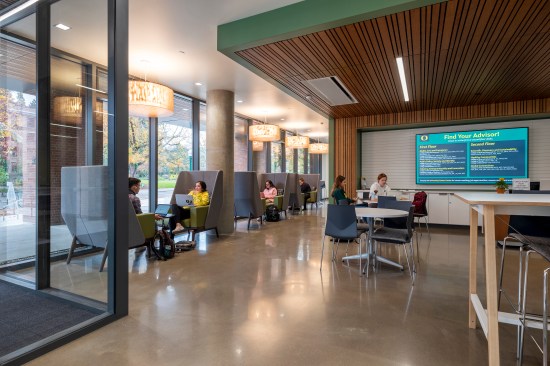 Natural light and an open and welcoming environment.  UO Tykeson Hall is a landmark building for higher education due to the philosophical vision underlying the project.  Publications like The Wall Street Journal and Forbes affirm that an increasing chorus of voices from science, business and the high-tech world are embracing the value of a broad-based interdisciplinary education in the liberal arts.  The building is organized around the belief that such an education in conjunction with academic advising and career guidance under one roof better prepares students for life-long learning and success by giving them open access to these resources while empowering them with foundation skills in critical thinking, creative problem solving, and communication abilities to build a solid foundation for leadership.  UO Tykeson Hall, OFFICE 52 Architecture, Design Architect.