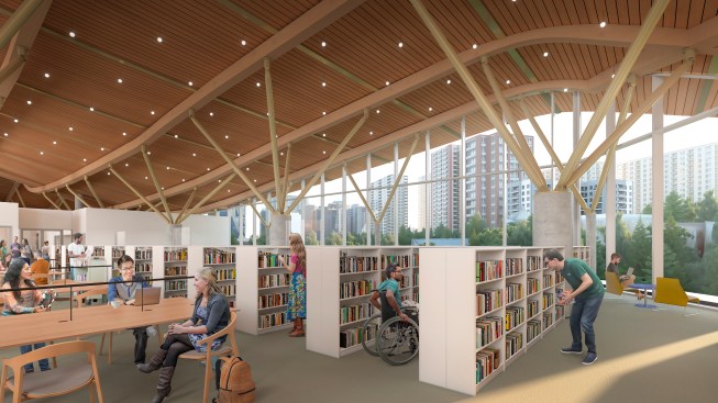 4.	The library's top floor reference room provides city views beneath the undulating roof line.