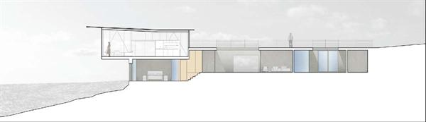 The owners and their guests will be able to walk along a sea grass planted roof to enter the glass pavilion on grade, or follow the dune downhill to a private courtyard entrance on the lower level.